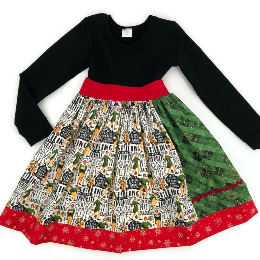 KPea Original Elf Movie Print Long Sleeve Christmas Holiday Dress Size 5T…